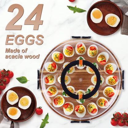 2026 Upgraded Wood Deviled Egg Platter with Lid Easter Gifts 24 Holes Round Deviled Egg Charcuterie Board Tray Holder Carrier with Egg Slicer Kitchen Tongs Piping Decorating Kit for Party Easter
