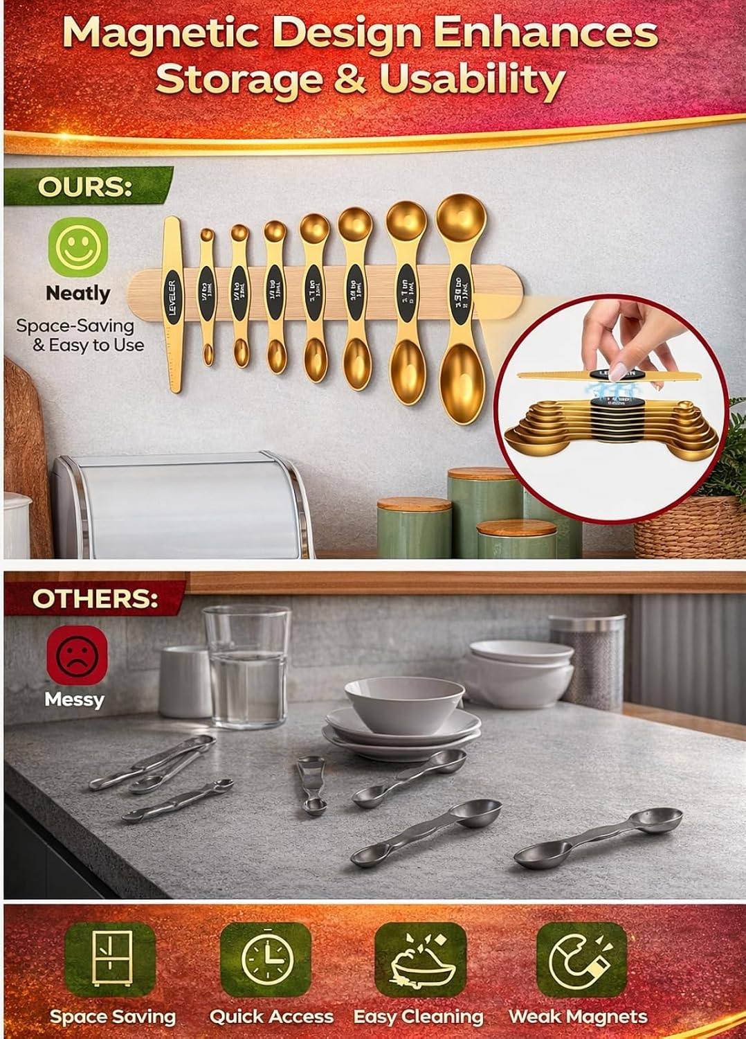 Magnetic Measuring Cups and Spoons Set304 Stainless Steel Dual Scale Set of 15, Strong N52 Magnetic Nesting Design with Leveler, for Dry&Liquid Ingredients, Dishwasher Safe(Colorful)