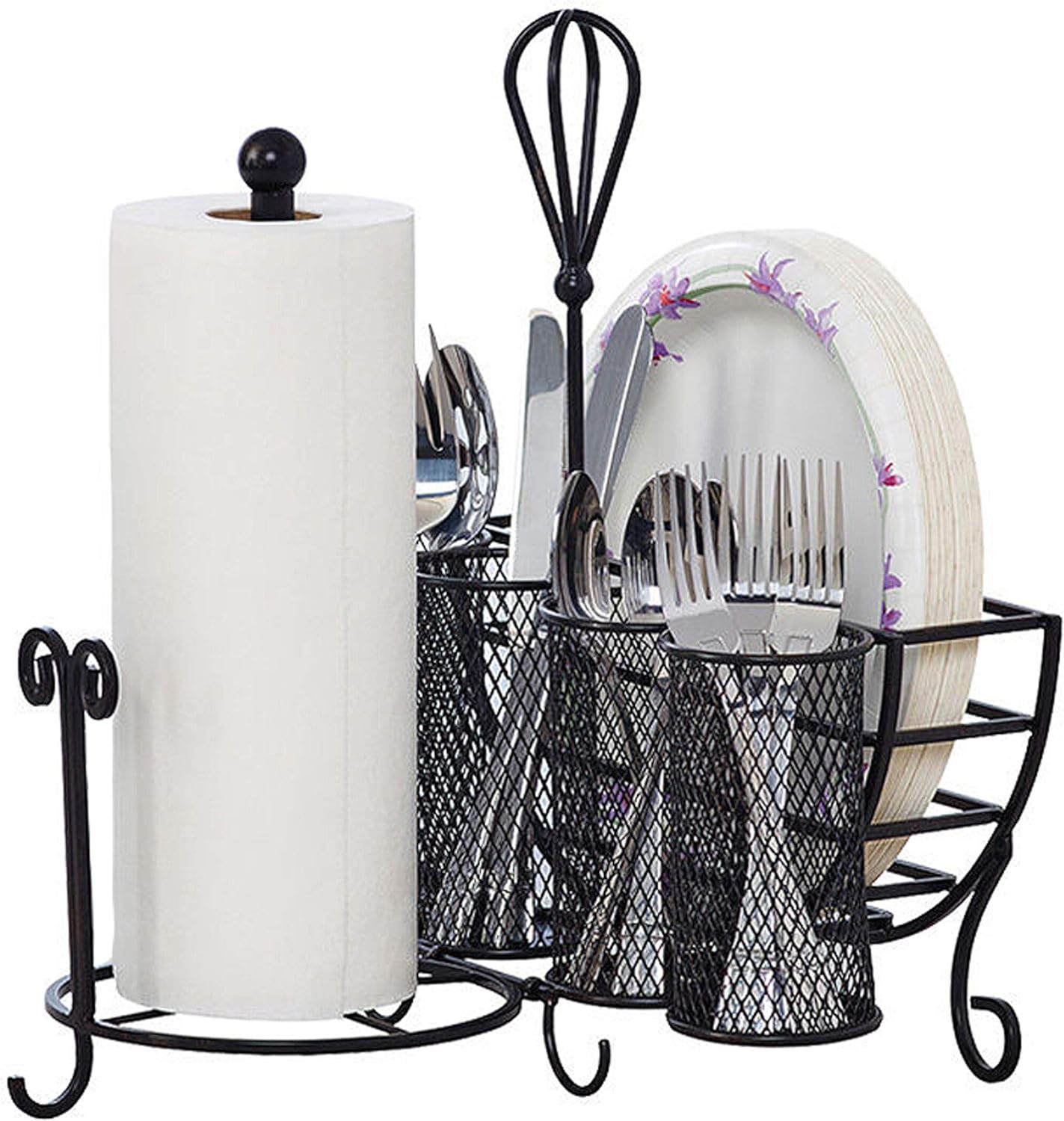 Mikasa Gourmet Basics Avilla Picnic Caddy, Antique Black Finish, Paper Plate Organizer with Flatware Canisters and Paper Towel Spindle, 15 x 14 x 13 in