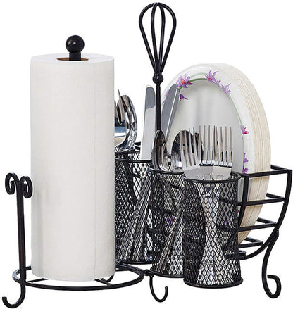 Mikasa Gourmet Basics Avilla Picnic Caddy, Antique Black Finish, Paper Plate Organizer with Flatware Canisters and Paper Towel Spindle, 15 x 14 x 13 in
