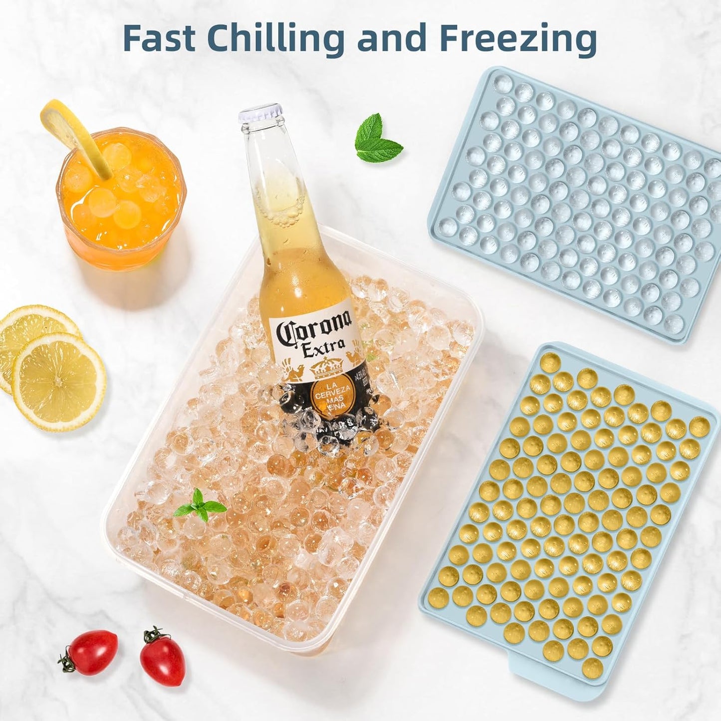 WIBIMEN Mini Ice Cube Trays, 0.55” Tiny Pebble Ice for Iced Coffee & Cocktails, Fast Chill, Easy Twist Release, Stackable with Lid & Storage Bin (2 Pack, Blue)