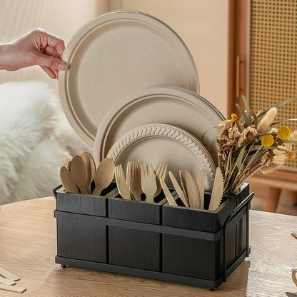 PTSTING Silverware Caddy Wood Utensil Holder Paper Plate Dispenser Silverware Utensil Caddy Cutlery Flatware Organizer Box for Spoons Forks Plates Napkins
