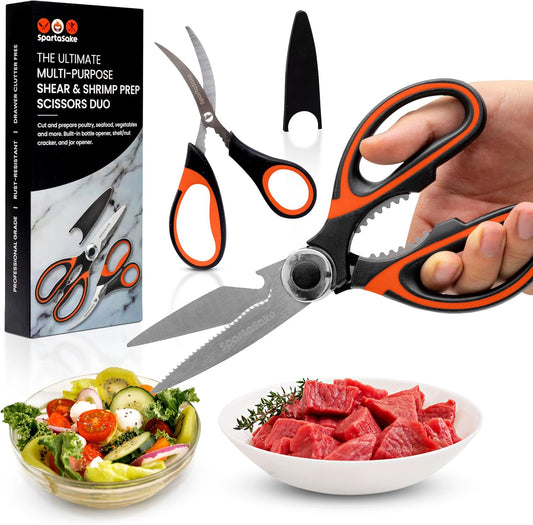 SpartaSake Premium Stainless Steel All Purpose Kitchen Shears with Sleeve - Heavy Duty Ultra Sharp kitchen Scissors for Food - Multipurpose Food Scissors for Meat Poultry Vegetable (Black-White)