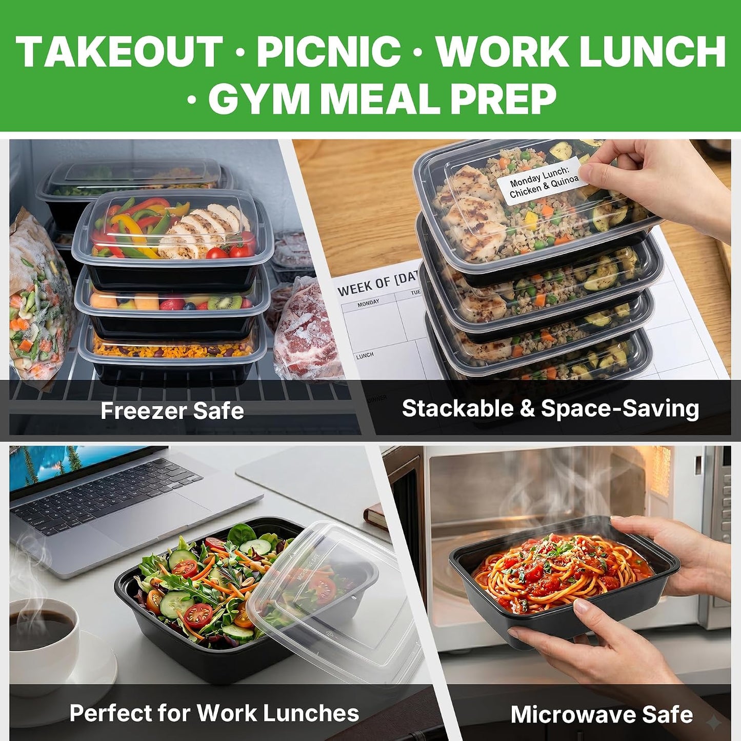 50 Pack (100-Piece) Meal Prep Containers with Lids, Reusable 2-Compartment Food Storage, Sturdy Leakproof, Food Safe, Microwave Freezer Dishwasher Safe, To-Go Takeout Plastic Containers – 60828