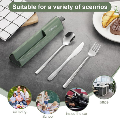 18/8 Stainless Steel Reusable Portable Utensils Set with Case & Phone Stand - Travel Flatware Kit for Office, Camping, Picnic, Outdoor Activities