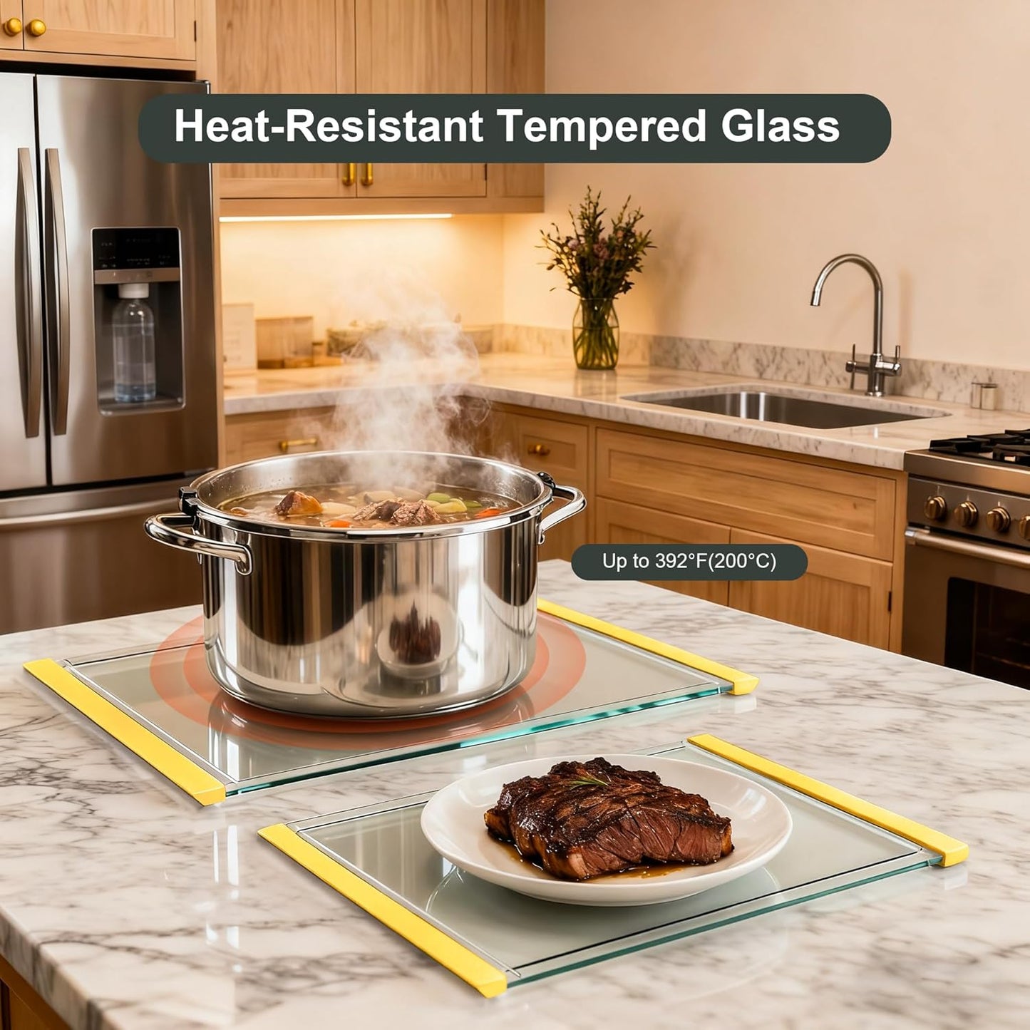 Tempered Glass Cutting Board Set for Kitchen Counter - Dishwasher Safe with Juice Grooves, Non-Slip Silicone Edges & Beveled Grip - 16"x12" & 12"x8" Serving Tray (Blue)