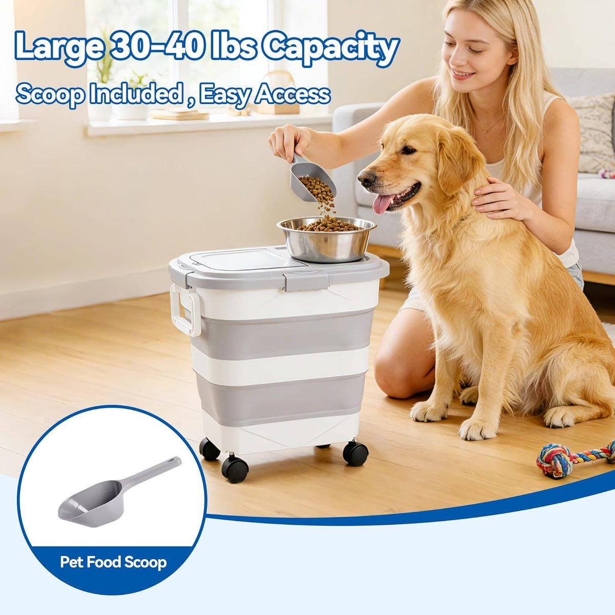 Dog Food Storage Container 20-25lbs, Airtight Pet Food Bin with Locking Lid & Clear Window, Collapsible Rolling Storage Container with Wheels and Scoop, Black
