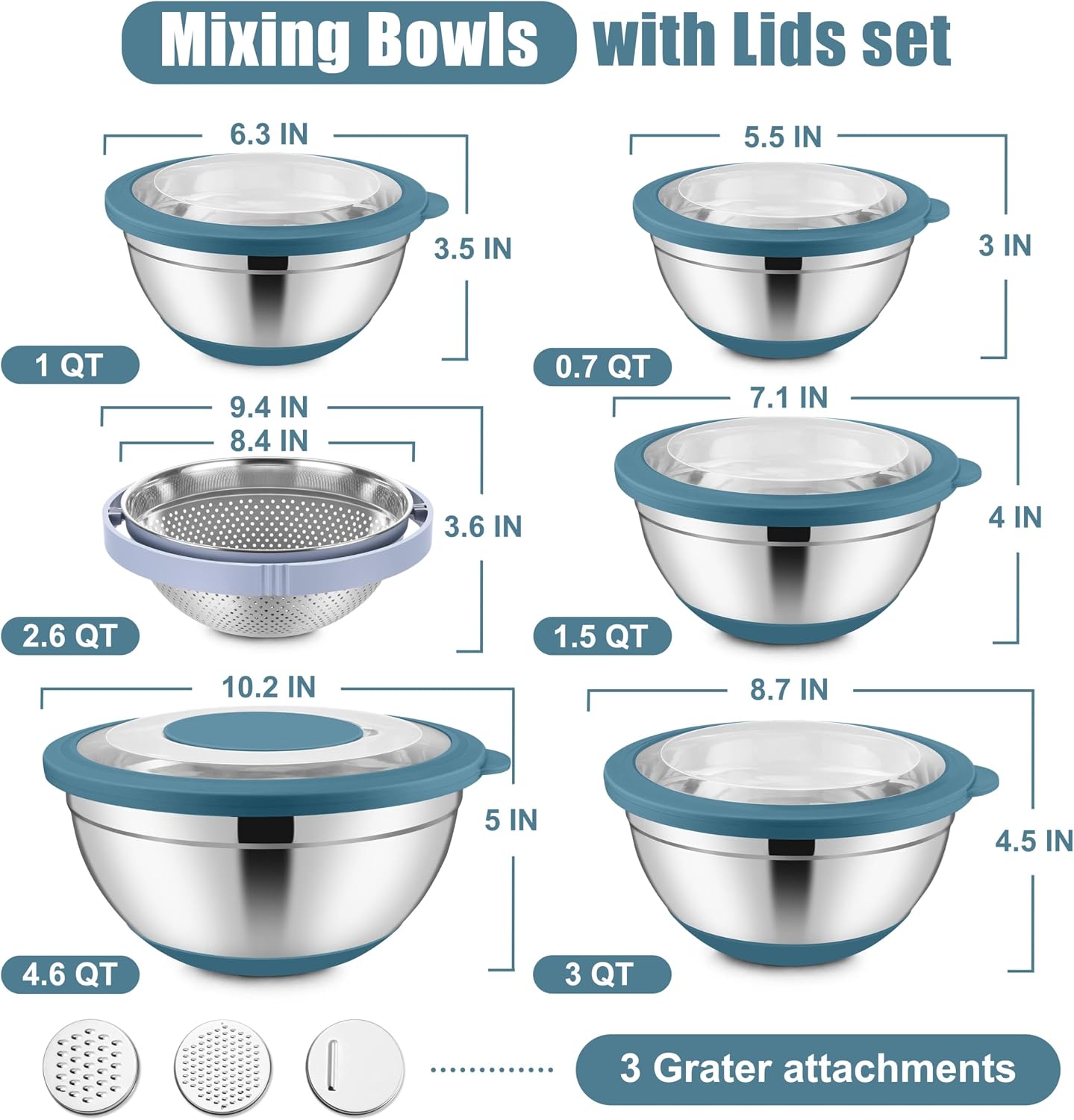 E-far Mixing Bowls with Lids Set, 15PCS Stainless Steel Mixing Nesting Bowl with Colander & 3 Metal Grater for Kitchen Prep/Baking/Storage, Non-Slip Bottom & Airtight Lid, 4.6, 3, 1.5, 1, 0.7QT, Black