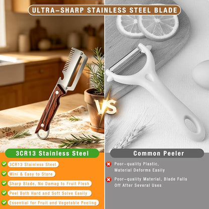 Multifunctional 3-in-1 Vegetable Peeler & Julienne Slicer, Stainless Steel Blade with Ergonomic Wood Handle for Efficient Peeling, Grating, Slicing (2 Pack)