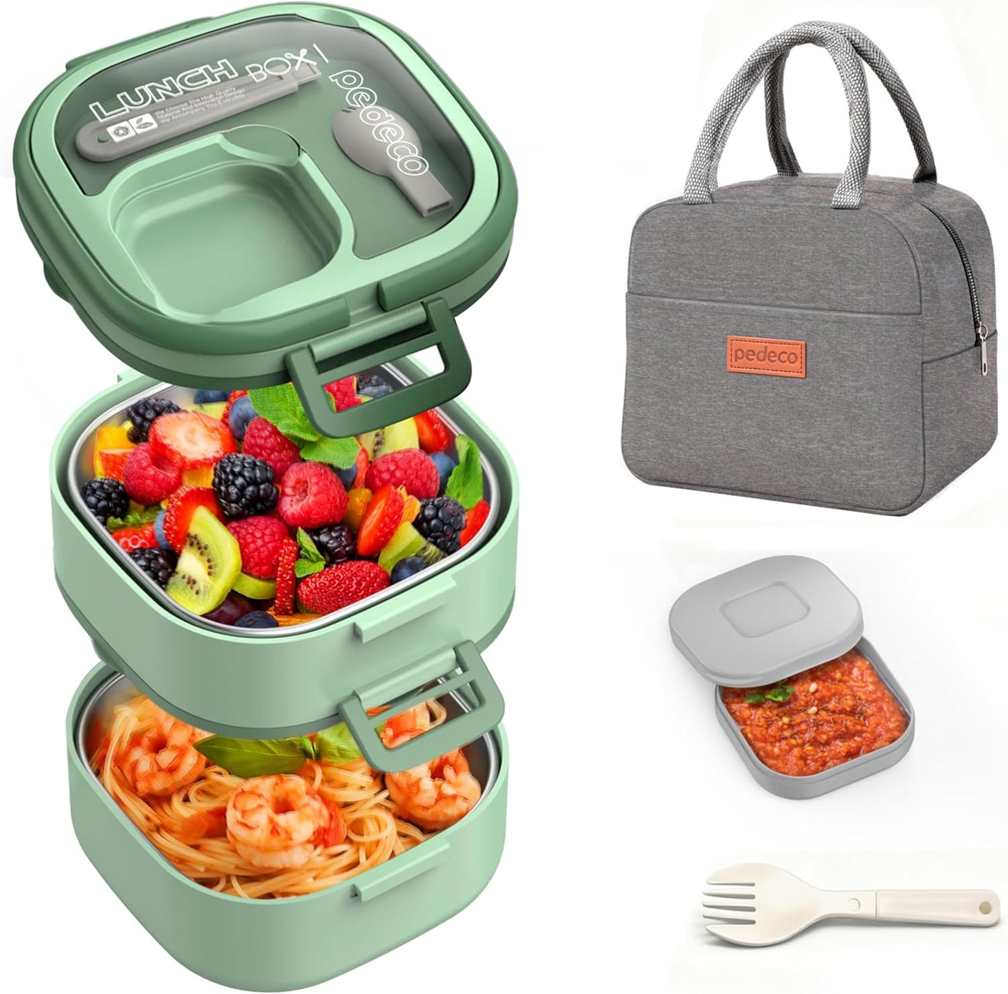 PEDECO Stackable Stainless Steel Bento Box with Insulated bag,Adult & Kids Luch Box,Leak-Proof,1-Tier Bento box,Lunch Box With Portable Sauce Pod and Cutlery-for Teens/Toddler,Dishwasher Safe,Blue