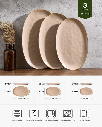famiware Serving Platter, Oval 15.59/14.3/12.9inch Serving Dishes for Entertaining, Serving Bowls, Microwave Safe, Stoneware Serving Trays for Party, Food, Turkey, Cheese, Ocean Series, Vanilla White
