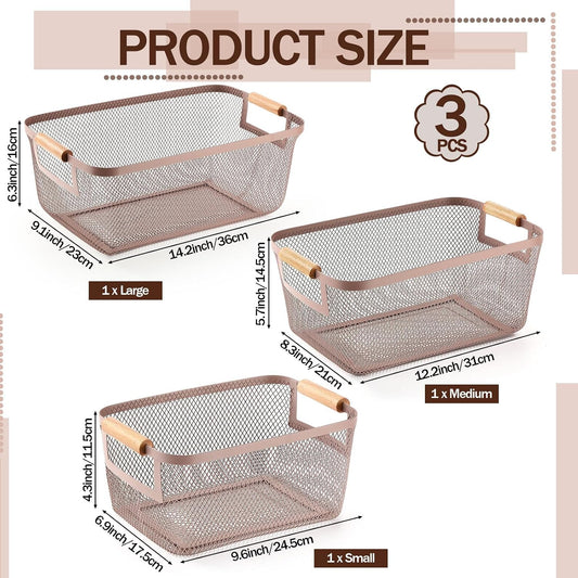 Mumufy 3 Pcs Metal Mesh Basket with Wooden Handles Wire Steel Organizer Bins Pantry Organizers Kitchen Baskets for Closet Cabinet Bathroom Fridge Food Snacks Organization (Warm Tapue,3 Sizes)