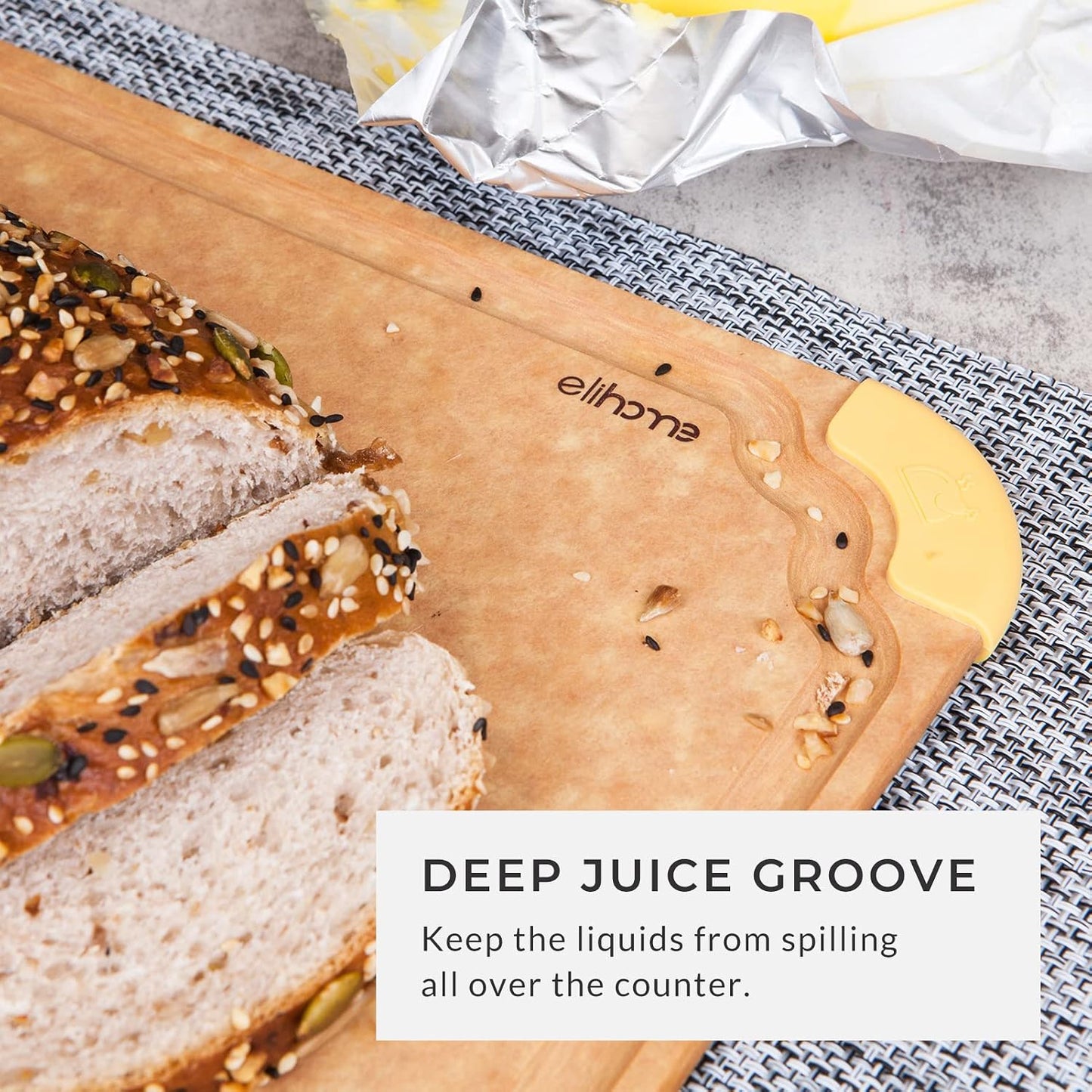Elihome Premium Series 2-in-1 Kitchen Cutting Board Set, Non Slip Feet, Color Coded with Food Icon, Natural Wood Fiber, Dishwasher Safe, Eco-Friendly, Juice Grooves,Non Porous, BPA Free, Made in USA