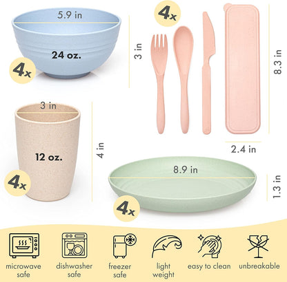 FOODLE Wheat Straw Dinnerware Set - BPA Free & Safety Tested - Microwave & Dishwasher Safe Dishes - Perfect for Camping, Picnic, RV, Dorm - Plates, Cups and Bowls - Great for Kids & Adults - For 4