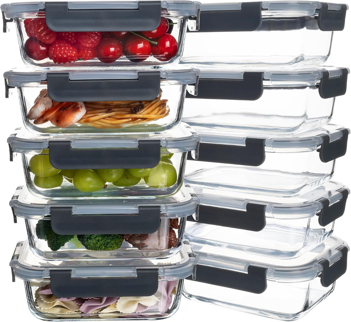 10 Pack 22 oz Glass Meal Prep Containers, Food Storage Containers with Lids, Airtight Leakproof Lunch Containers for Kitchen, Freezer, Microwave, Dishwasher Safe (Grey)