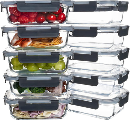 10 Pack 22 oz Glass Meal Prep Containers, Food Storage Containers with Lids, Airtight Leakproof Lunch Containers for Kitchen, Freezer, Microwave, Dishwasher Safe (Grey)