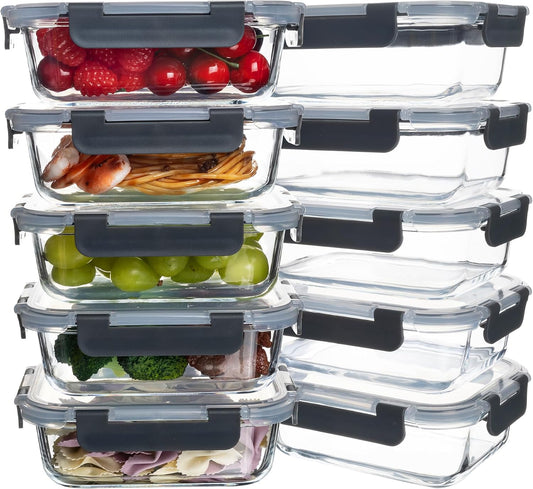 10 Pack 22 oz Glass Meal Prep Containers, Food Storage Containers with Lids, Airtight Leakproof Lunch Containers for Kitchen, Freezer, Microwave, Dishwasher Safe (Grey)