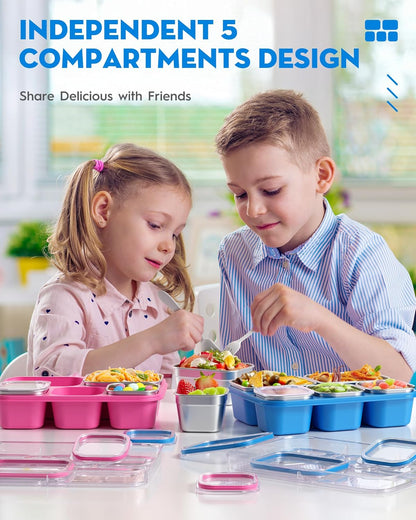 BiuLeon Snackle Box Containers, Stainless Steel 5 Compartments Divided Serving Tray with Lid, Removable LeakProof Portable Bento Box for Fruit Candy Nuts Food - School, Picnic and Travel（Blue）