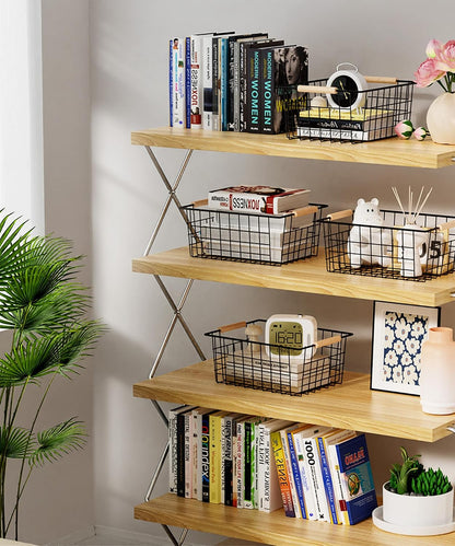Wire Basket with Wooden Handle, Metal Utility Storage Basket for Organizing Kitchen Pantry Cabinets, Closet and Garage Shelves Drawers, Office Metal Basket Storage Organizer with Handle (Black 4 Pack)