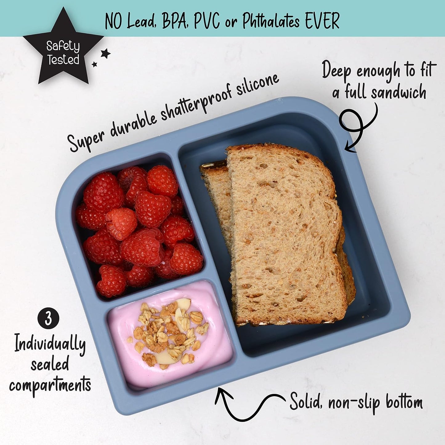 PrimaStella Unbreakable Silicone Lunch Box for Kids and Adults - Divided Leak Proof Bento Box (Slate Blue)