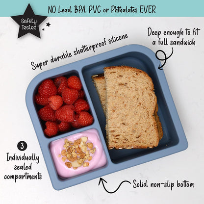PrimaStella Unbreakable Silicone Lunch Box for Kids and Adults - Divided Leak Proof Bento Box (Slate Blue)