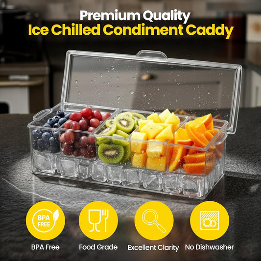 Ice Chilled Condiment Caddy with Lid – 5 Removable Compartments, Utensils Included – Buffet Server for BBQ, Taco Bar & Parties