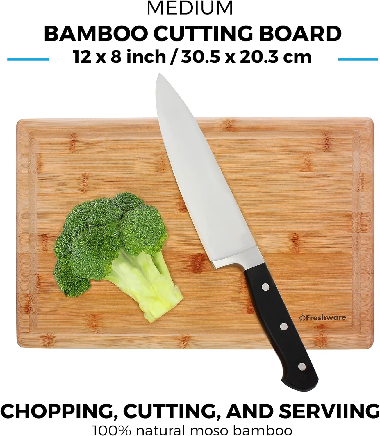 Freshware Wood Cutting Boards for Kitchen - Bamboo Cutting Board Set of 3, Cutting Boards with Juice Grooves, Serving Board Set, Chopping Board for Meat, Veggie, Easy Grip Handle (9x6", 12x8", 15x10")