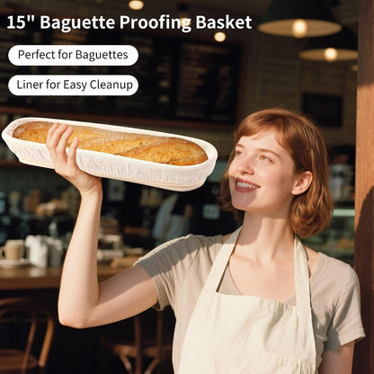 Banneton Bread Proofing Basket, 15" Baguette Sourdough Basket with Liner