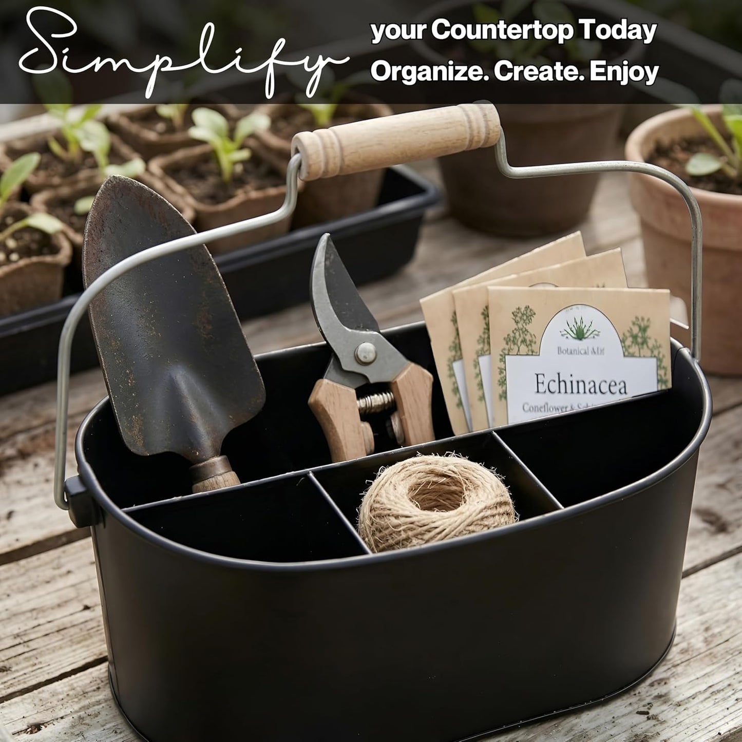 Alpha Living Home Galvanized Metal Utensil Caddy - Rustic Farmhouse Organizer Metal Garden Caddy with 4 Compartments and Wooden Handle for Kitchen, Buffet & Outdoor Events (Silver)