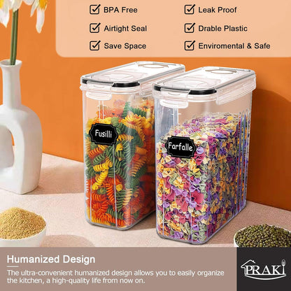 PRAKI Large Dry Food Storage Containers with Lids, 6PCS Airtight Cereal Containers Storage Set, Leak-proof Canister Set for Kitchen Pantry Organization with 20 Labels & Marker (4L Black)
