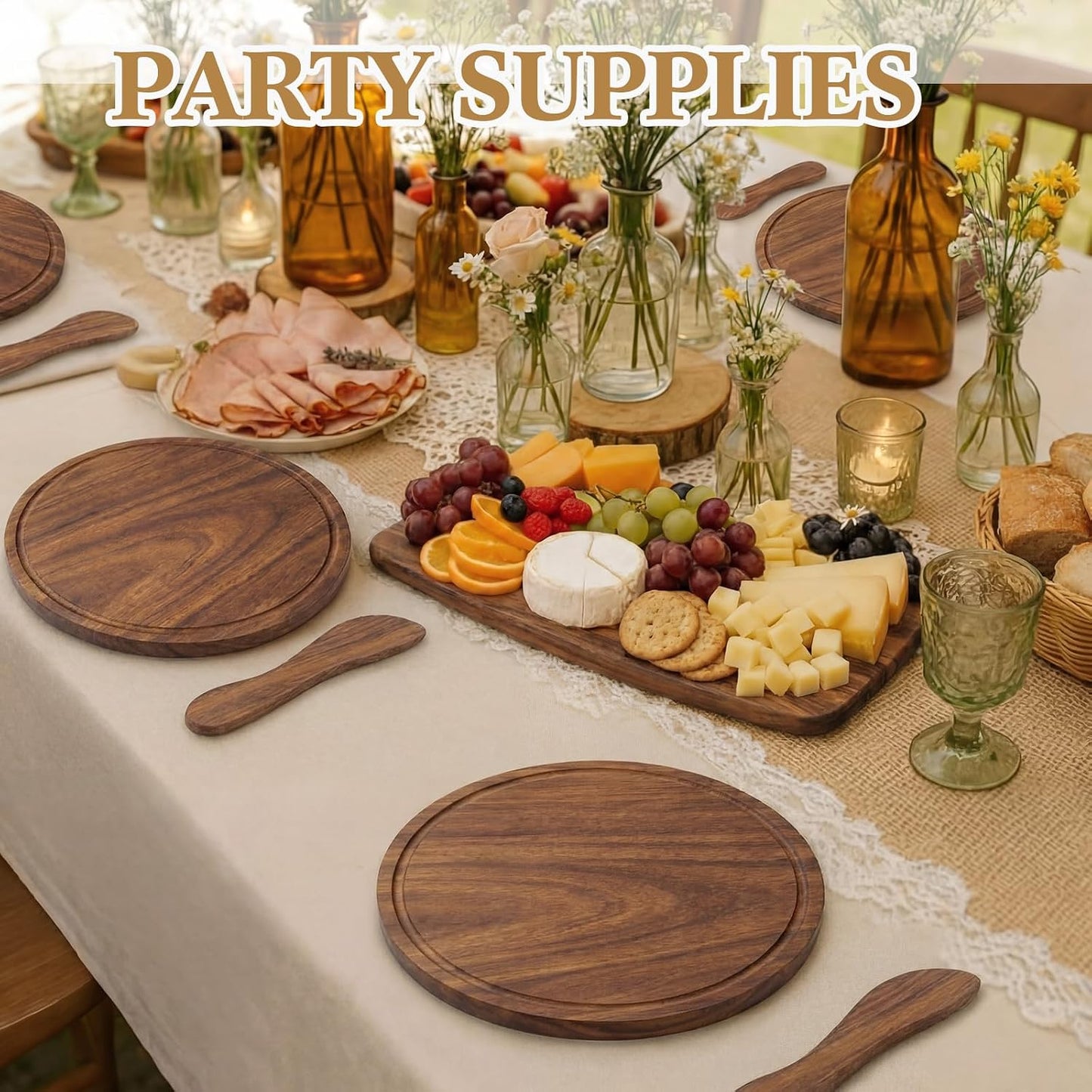 Nuenen 50 Pcs Mini Wooden Charcuterie Board Bulk, Small Wood Cutting Board for Crafts Laser Engraving with Knives Organza Bags Wedding Baby Shower Favors Gift (Square,Bamboo Color)