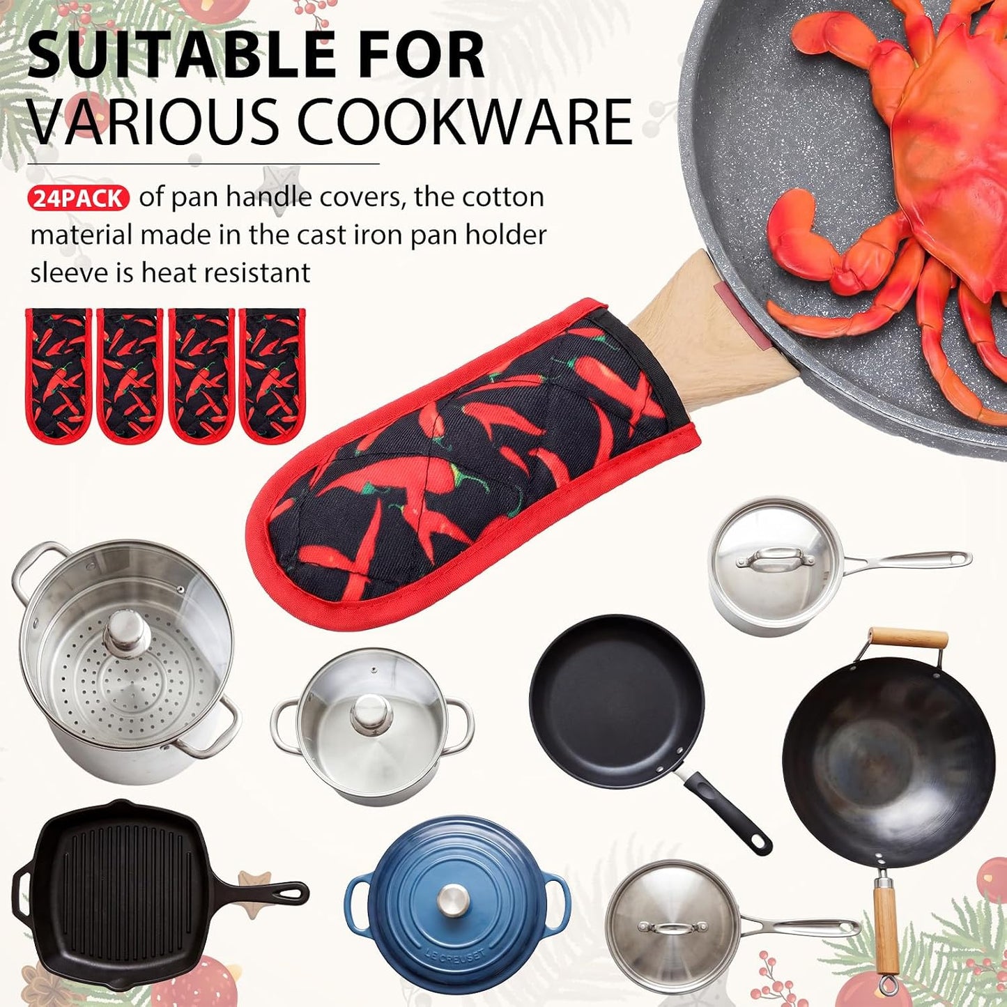 Dandat 24 Set Hot Handle Covers for Daily Replace Use Gift Pan Handle Sleeve Cover Heat Resistant Cast Iron Holder Sleeve Washable Handgrip Mitts for Christmas Kitchen BBQ Baking Cookware (Chili)