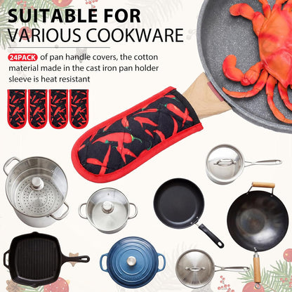 Dandat 24 Set Hot Handle Covers for Daily Replace Use Gift Pan Handle Sleeve Cover Heat Resistant Cast Iron Holder Sleeve Washable Handgrip Mitts for Christmas Kitchen BBQ Baking Cookware (Chili)