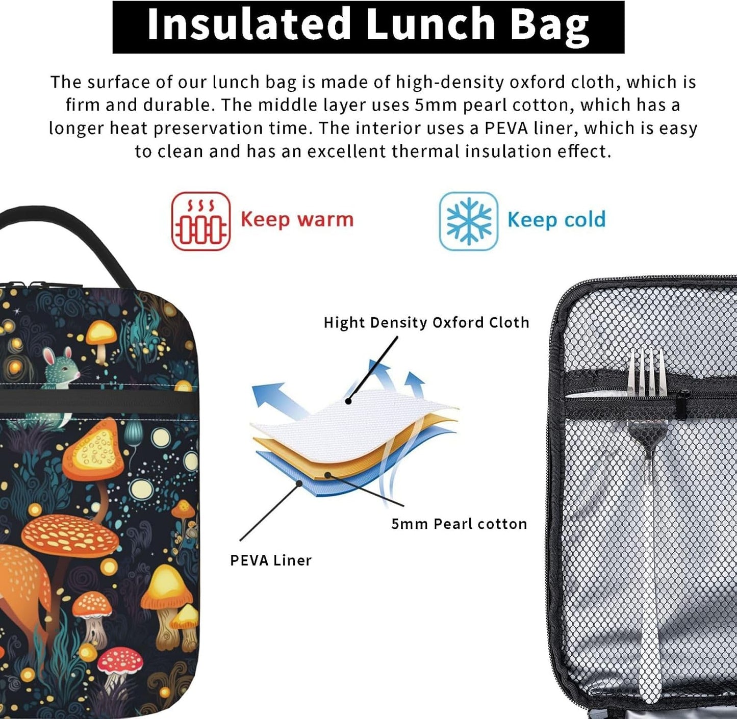 Black Cat Reusable Lunch Box Food Bag Insulated Lunch Bag for Teenage Boys Girls School Beach