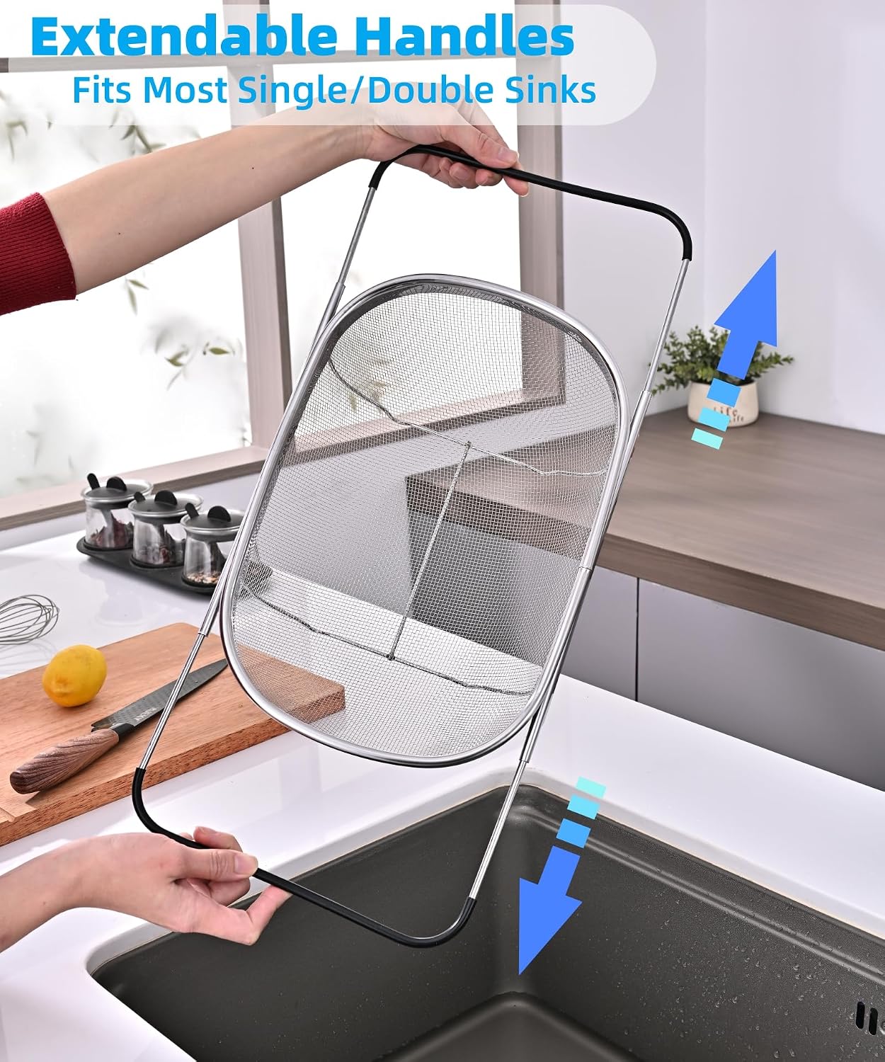 Over The Sink Colander, Stainless Steel Expandable Strainer Basket, Extendable Handles, Dishwasher Safe for Pasta Vegetables Fruits
