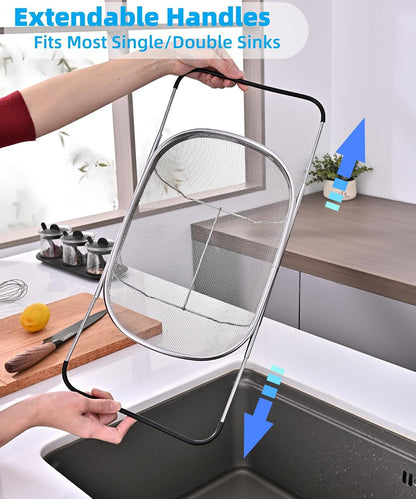 Over The Sink Colander, Stainless Steel Expandable Strainer Basket, Extendable Handles, Dishwasher Safe for Pasta Vegetables Fruits