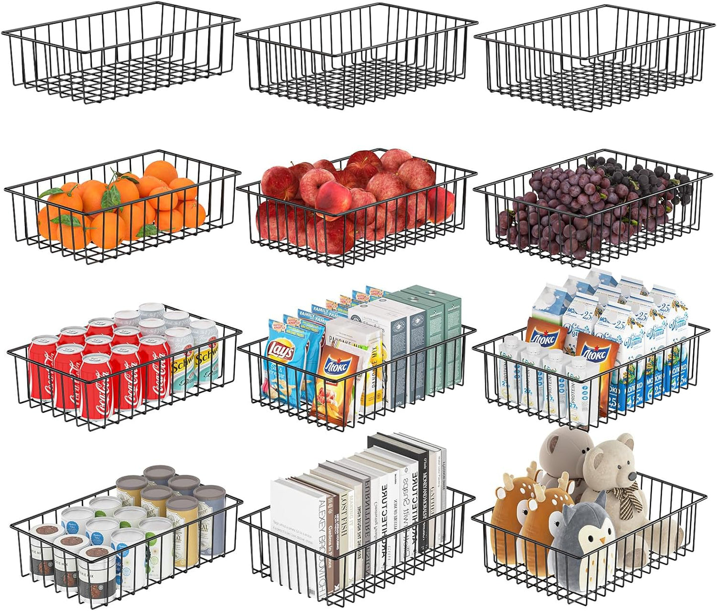 Simple Trending 6 Pack Large Wire Baskets for Organization, Metal Pantry Storage Baskets for Cabinet, Kitchen, Garage, Bathroom, Black