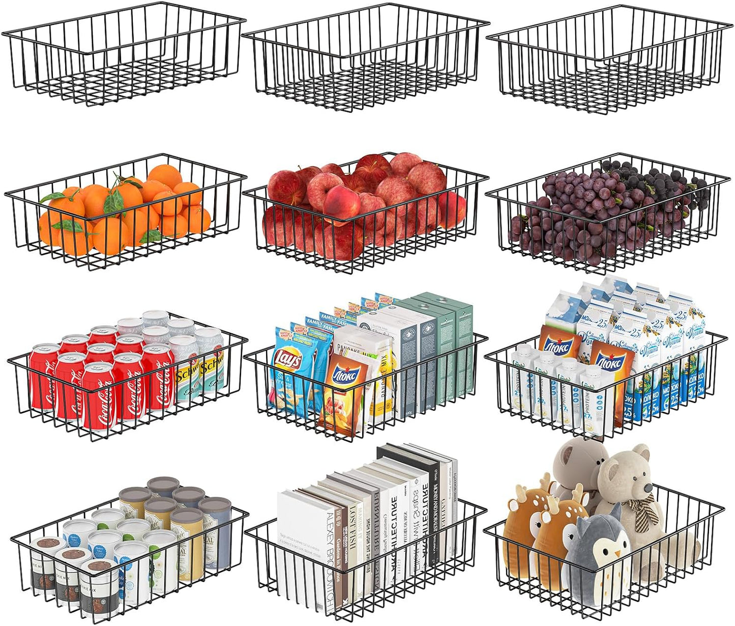 Simple Trending 6 Pack Large Wire Baskets for Organization, Metal Pantry Storage Baskets for Cabinet, Kitchen, Garage, Bathroom, Black