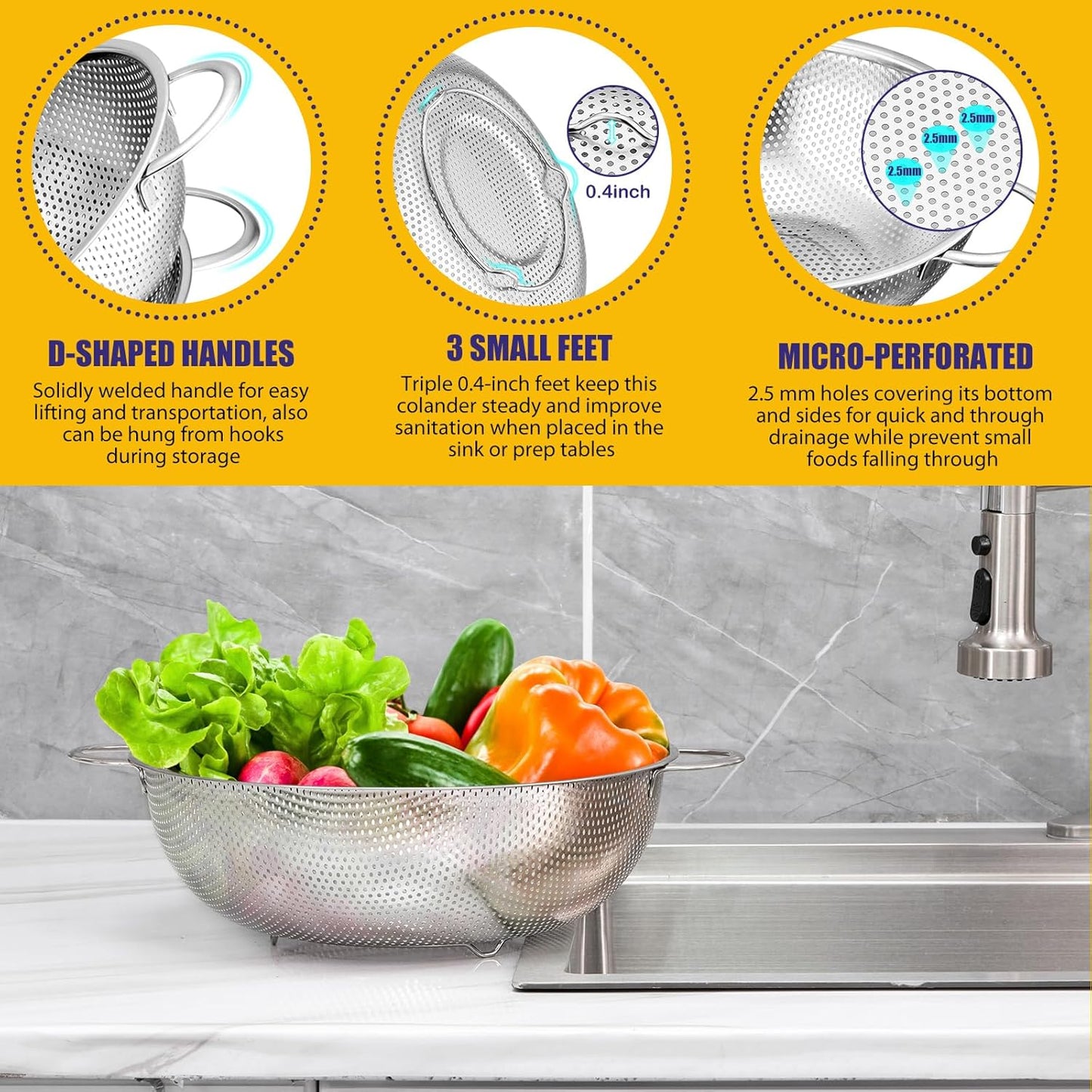 E-far Stainless Steel Colander Set of 3 (1-3-5Quart), Micro-Perforated Metal Colander Strainer with Handle for Kitchen/Draining Pasta/Rinsing Vegetables Fruits, Heavy Duty & Dishwasher Safe