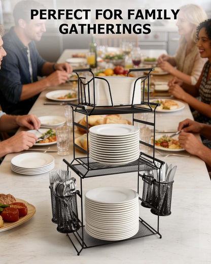 HULISEN 3-Tier Buffet Caddy, 7-Piece Set Stackable Paper Plate and Utensil Holder for Party, Detachable Mesh Silverware Organizer for Countertop, Metal Serving Station for Hosting Party Essentials
