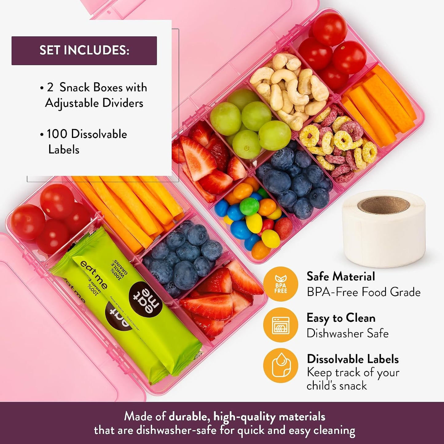 Large Kids Snack Box Containers Set of 2 -100 Labels, BPA-Free, Adjustable Compartments, Dishwasher Safe, Reusable Tray, Food Grade, Meal Prep Container, PARENT TESTED PARENT APPROVED AWARD (Clear)