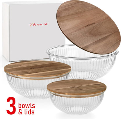 Set of 4 Stackable Space-Saving Nesting Glass Bowls with Airtight Acacia Lids for Lunch, Meal & Food Prep - Microwave & Oven-ready BPA Free Durable Heat Resistant Inert Borosilicate Glass