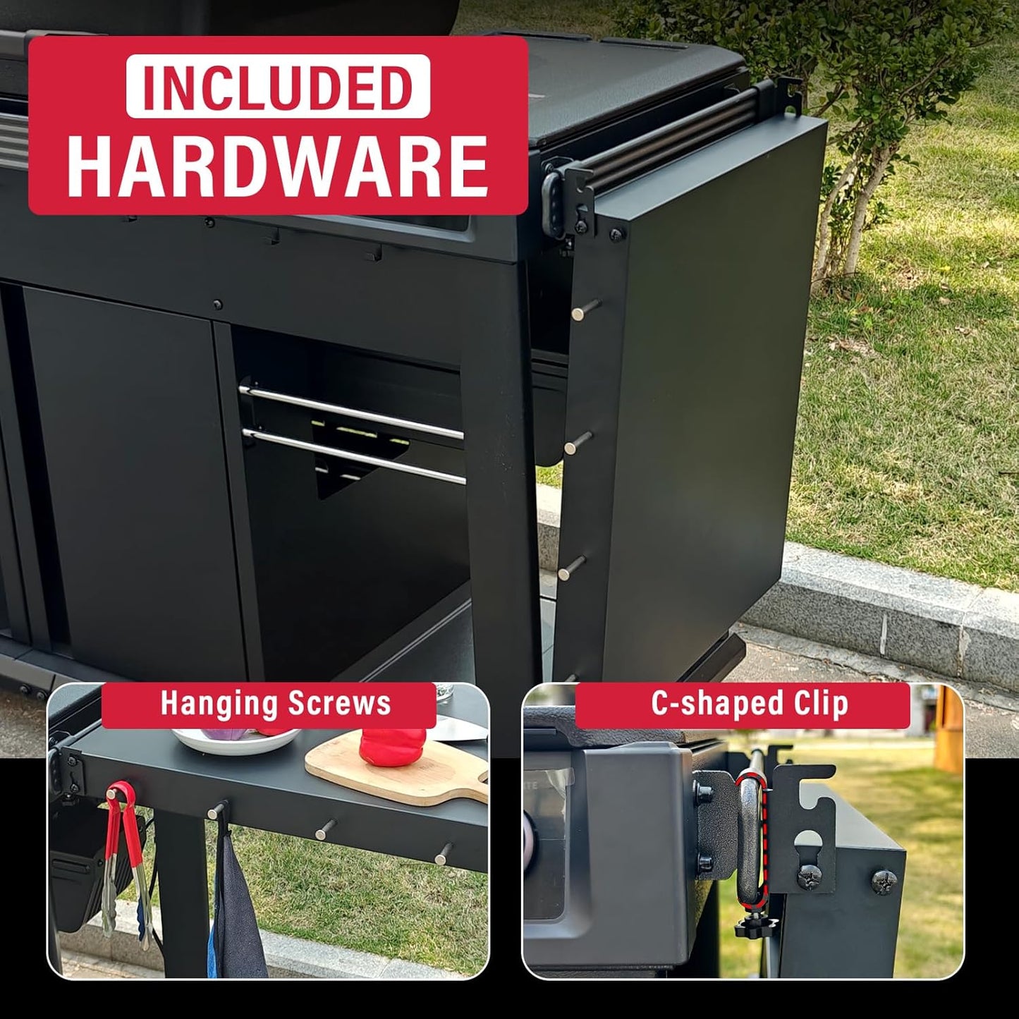 Utheer Folding Side Shelf for Traeger Woodridge Pro/Plus/Elite & Ironwood/Ironwood XL, 24.5" × 20.3" Large BBQ Side Table with 4 Hooks, Foldable Grill Prep Station