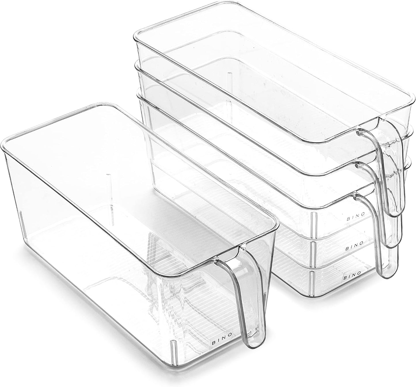 BINO l Plastic Storage Bins l THE HOLDER COLLECTION l 4-Pack, Medium Multi-Use Clear Containers for Organizing with Built-in Handles l Pantry Organization & Storage l Kitchen Organizer l Storage Bins