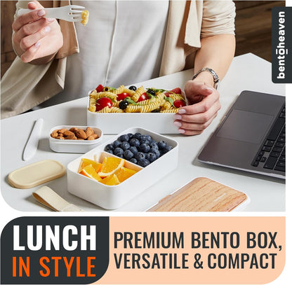 Bentoheaven Premium Bento Box Adult Lunch Box with Compartments for Women & Men, Set of Utensil & Chopsticks & Dip Container, Cute Japanese Kids Bento Lunch Box, Microwavable (Symph Onyx)
