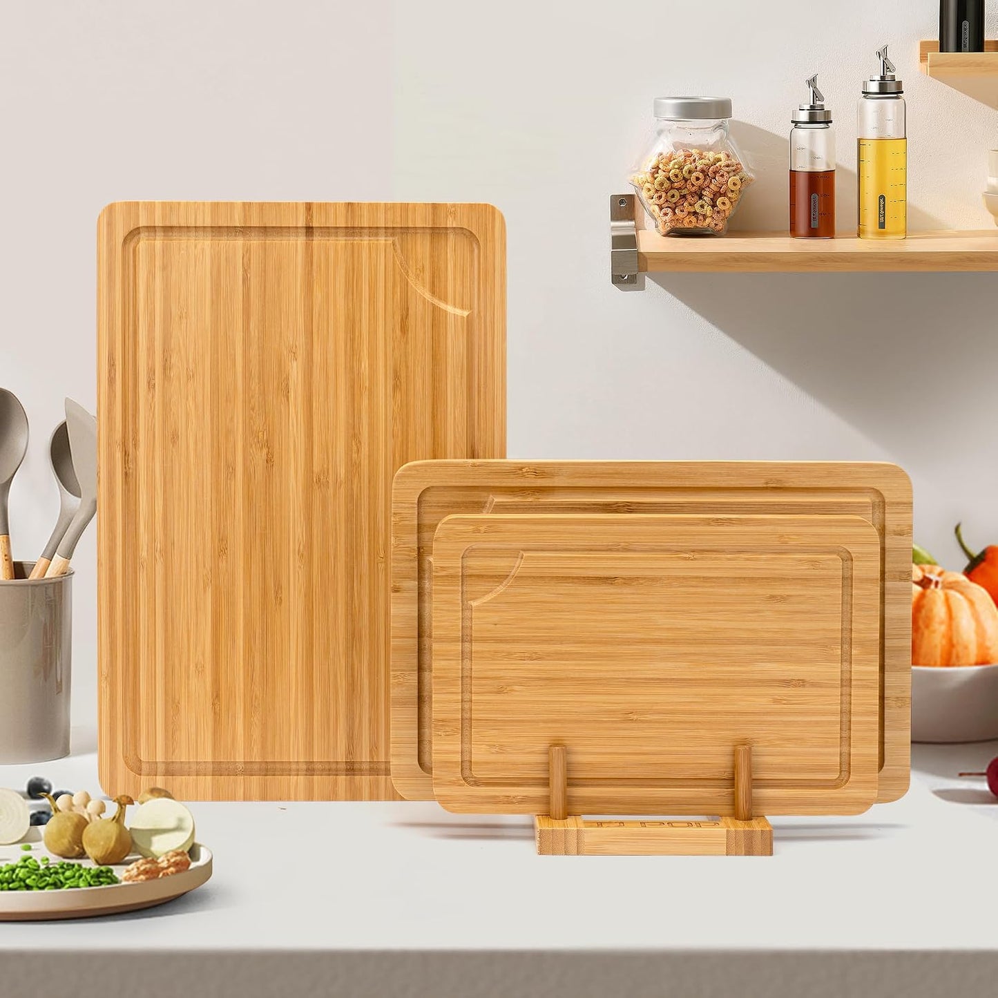Wood Cutting Board Set of 4, Wooden Chopping Boards with Food Icons for Kitchen, Charcuterie Board for Meat, Vegetables, Fruits, Cheese