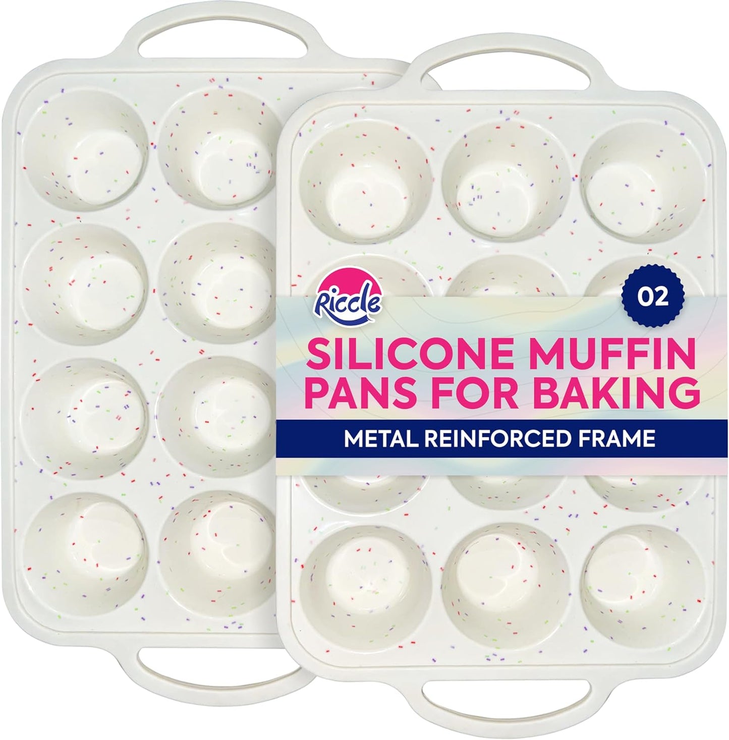 RICCLE 2 Pack Silicone Muffin Pans for Baking with Metal Reinforced Frame - Regular 12 Cup Silicone Muffin Pan & 24 Cup Mini Cupcake Pans - Silicone Cupcake Pan Set - Oven & Dishwasher Safe, BPA-Free