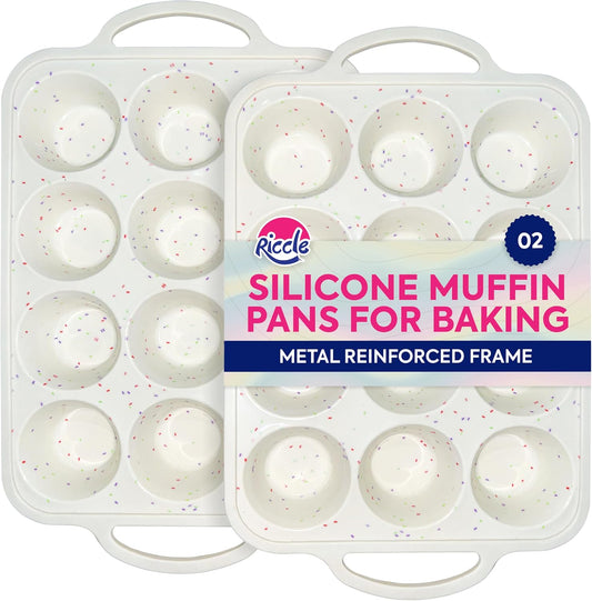 RICCLE 2 Pack Silicone Muffin Pans for Baking with Metal Reinforced Frame - Regular 12 Cup Silicone Muffin Pan & 24 Cup Mini Cupcake Pans - Silicone Cupcake Pan Set - Oven & Dishwasher Safe, BPA-Free