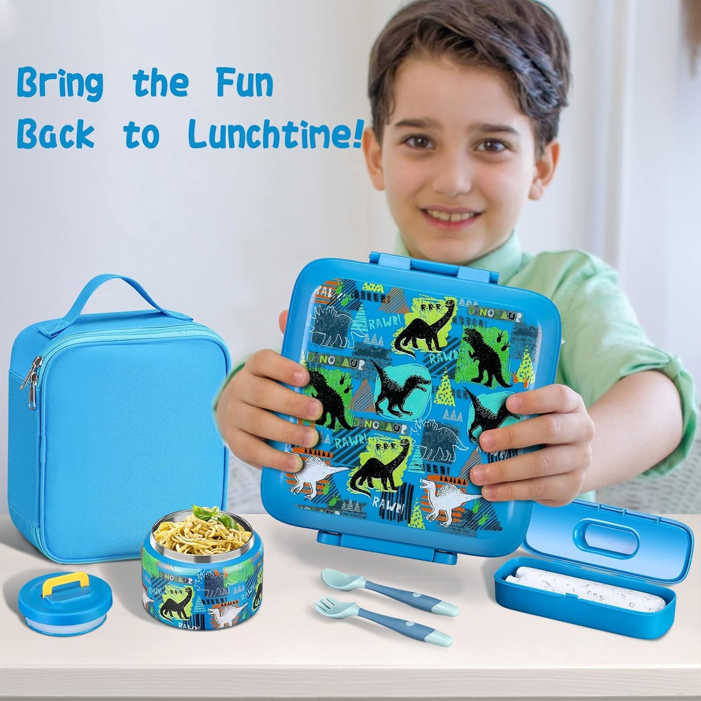 JXXM Bento Lunch Box for Kids With 8oz Soup thermo,Leak-proof Lunch Containers with 5 Compartment,thermo Food Jar and Lunch Bag, Food Containers for School (A-Blue(Extreme Locomotive))