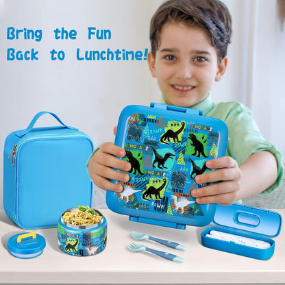 JXXM Bento Lunch Box for Kids With 8oz Soup thermo,Leak-proof Lunch Containers with 5 Compartment,thermo Food Jar and Lunch Bag, Food Containers for School (A-Blue(Extreme Locomotive))